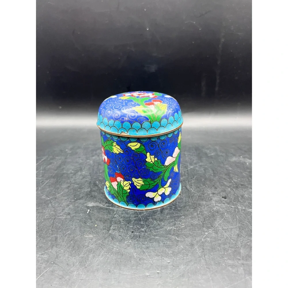Antique Cloisonne‎ Trinket Tea Box Spice Jar Cobalt Blue Floral Brass Lid 3.5